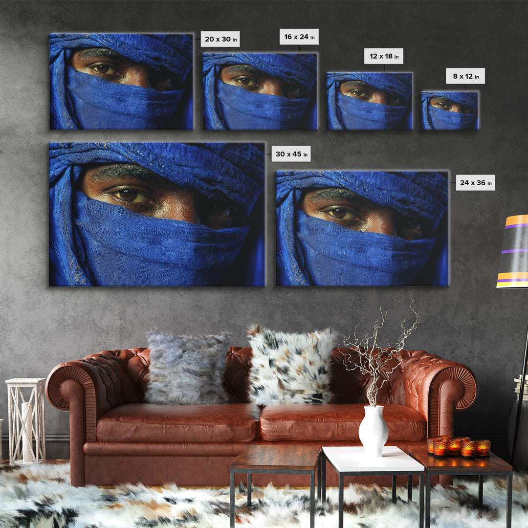 Blue Veiled Tuareg Eyes Portrait Framed Canvas Print, African Portrait, Moroccan Travel Art, Bold Cultural Wall Decor, Gift For Him