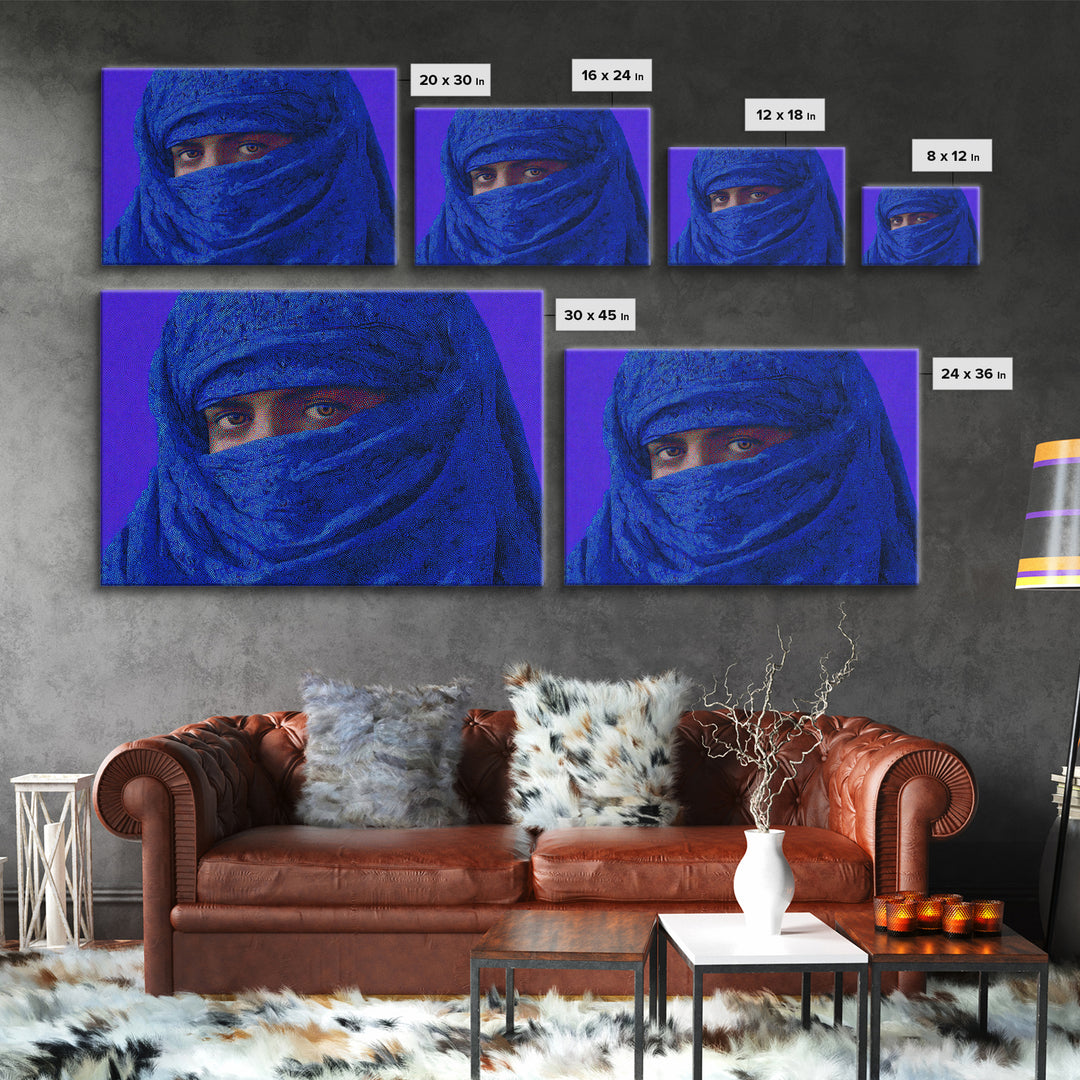 Blue Tuareg Veiled Face Portrait Wall Art, African Portrait, Moroccan Travel Poster, Contemporary Canvas Decor, Bold Home Decor