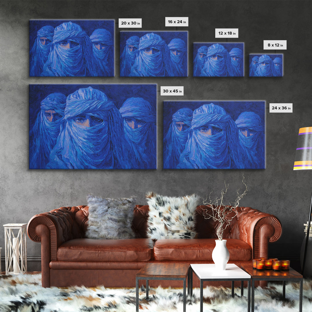 Blue Veiled Desert Nomad Portraits, African Wall Art, Tuareg Inspired Canvas Print, Afrocentric Decor, Bold Blue Gift For Home