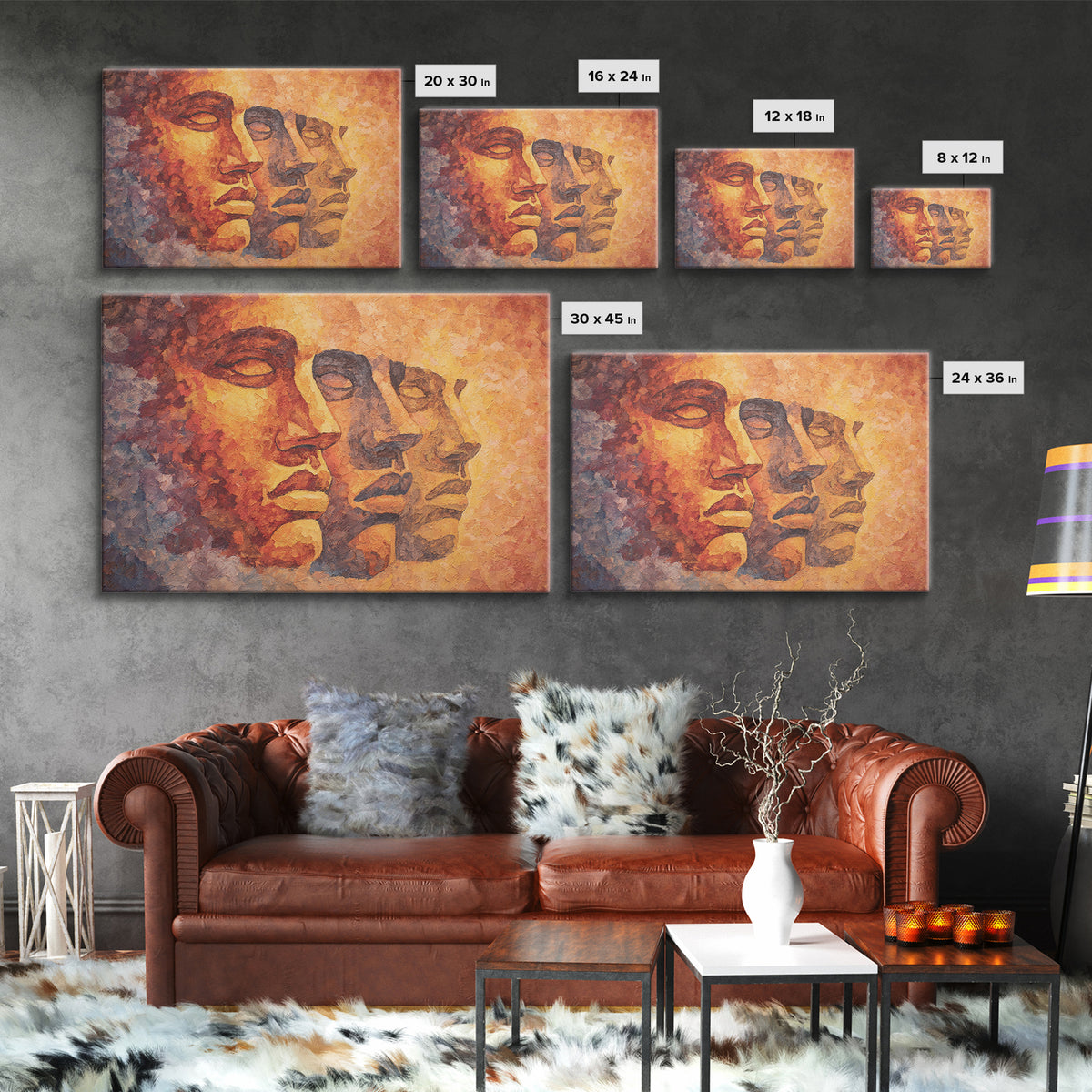 Textured Orange Ancestral Face Profiles, Framed Canvas Print, Abstract African Art, Warm Earth Tone Portrait Wall Decor Gift