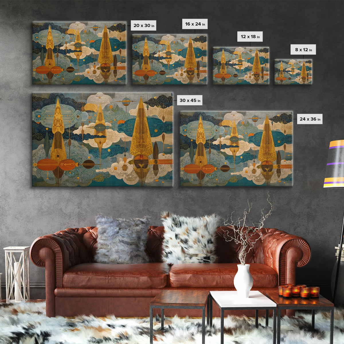 Golden Abstract African Patterned Sky Wall Art, Modern Geometric Canvas Print, African Decor, Boho Cultural Artwork, Home Decor