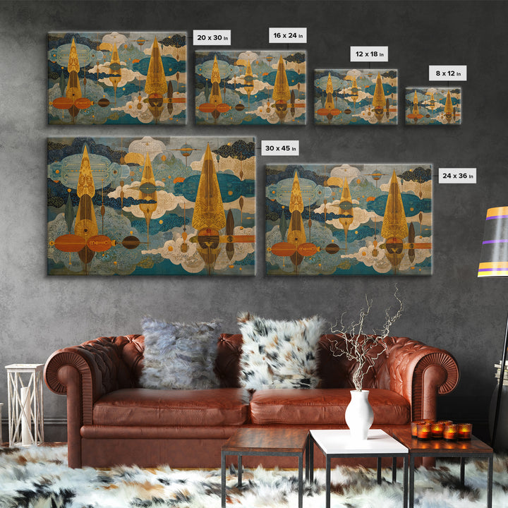 Golden Abstract African Patterned Sky Wall Art, Modern Geometric Canvas Print, African Decor, Boho Cultural Artwork, Home Decor