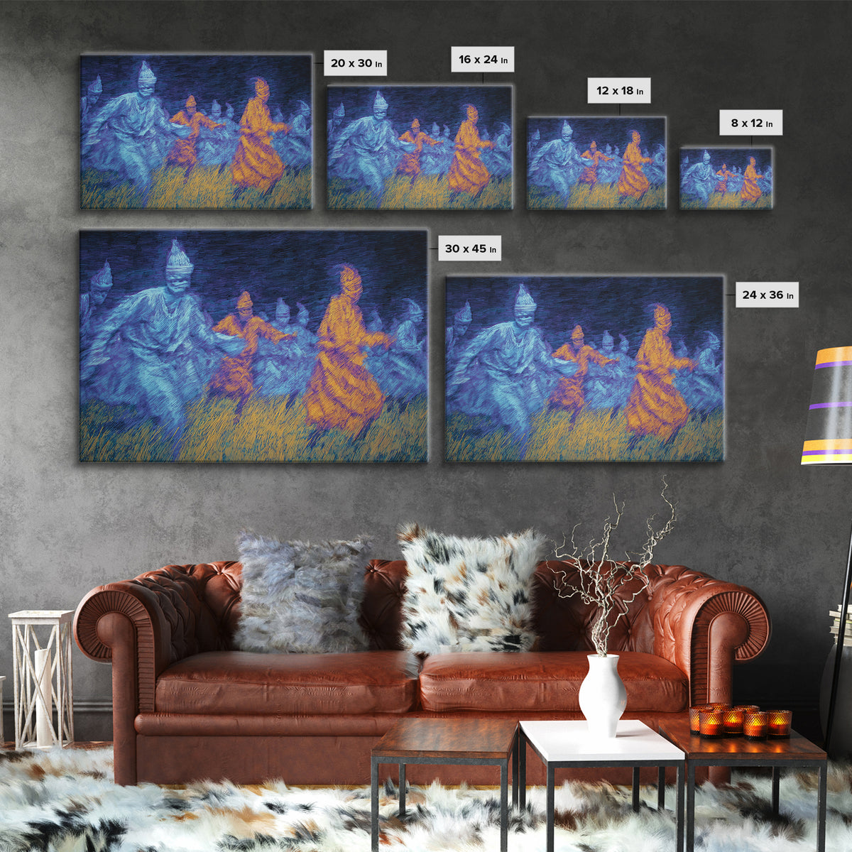 Blue And Orange African Spirit Dancers Wall Art, Cultural Tribal Art Print, Black History Decor, Afrocentric Canvas Print