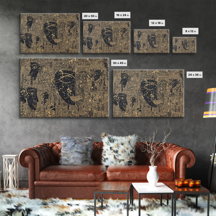 Golden Ancestral Faces And Geometric Tribal Patterns Wall Art, Afrocentric Black Culture Decor, Modern African Canvas Print
