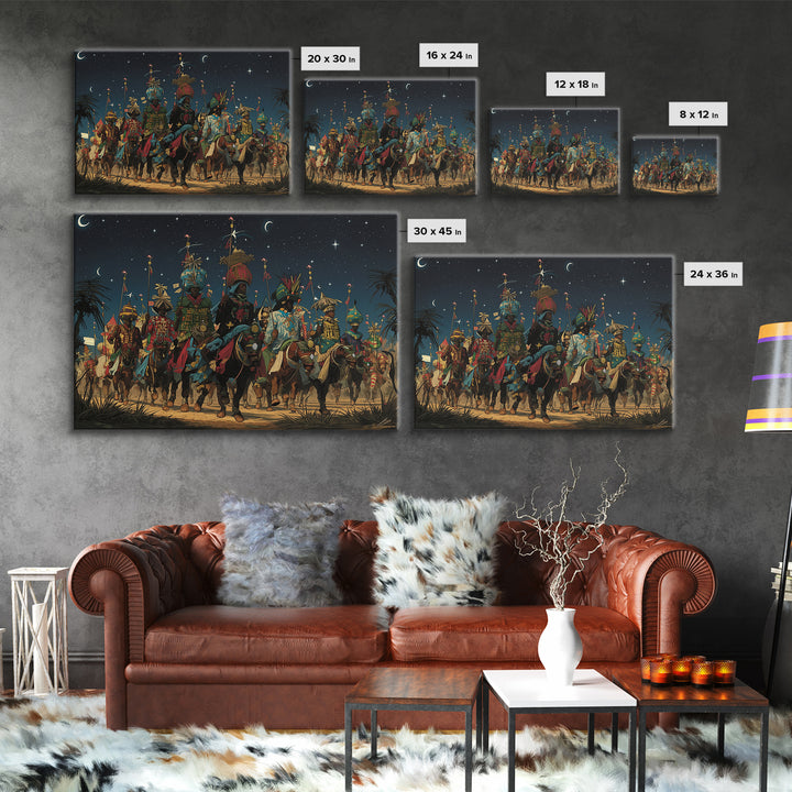Starry Desert African Warriors On Horseback Framed Canvas Print, Tribal Procession Wall Decor, Afrocentric Safari Art Gift