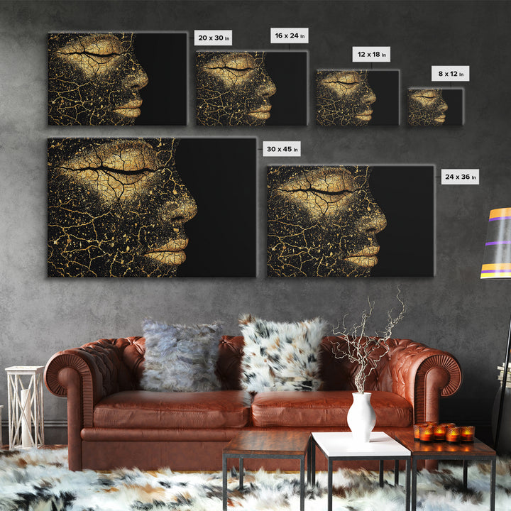 Golden Cracked Black Woman Profile Portrait Wall Art, Elegant Afrocentric Decor, Modern Black Art Print, Luxury Canvas Gift