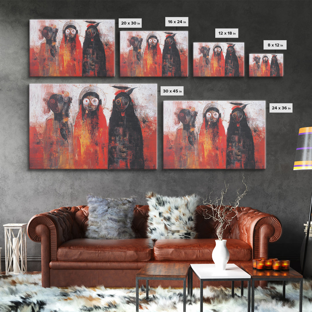 Mystic Three Tribal Figures In Red And Black Abstract Wall Art, African Mask Art Decor, Spiritual Afrocentric Canvas Print