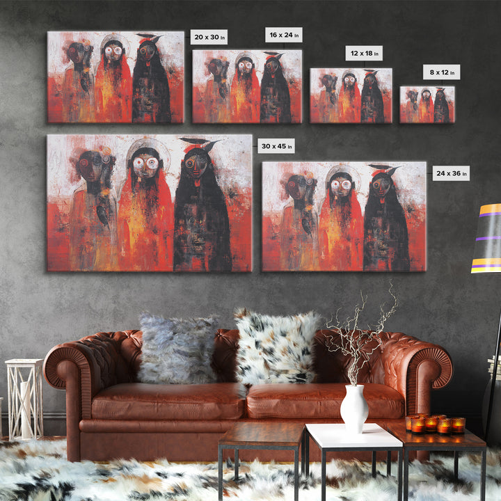 Mystic Three Tribal Figures In Red And Black Abstract Wall Art, African Mask Art Decor, Spiritual Afrocentric Canvas Print