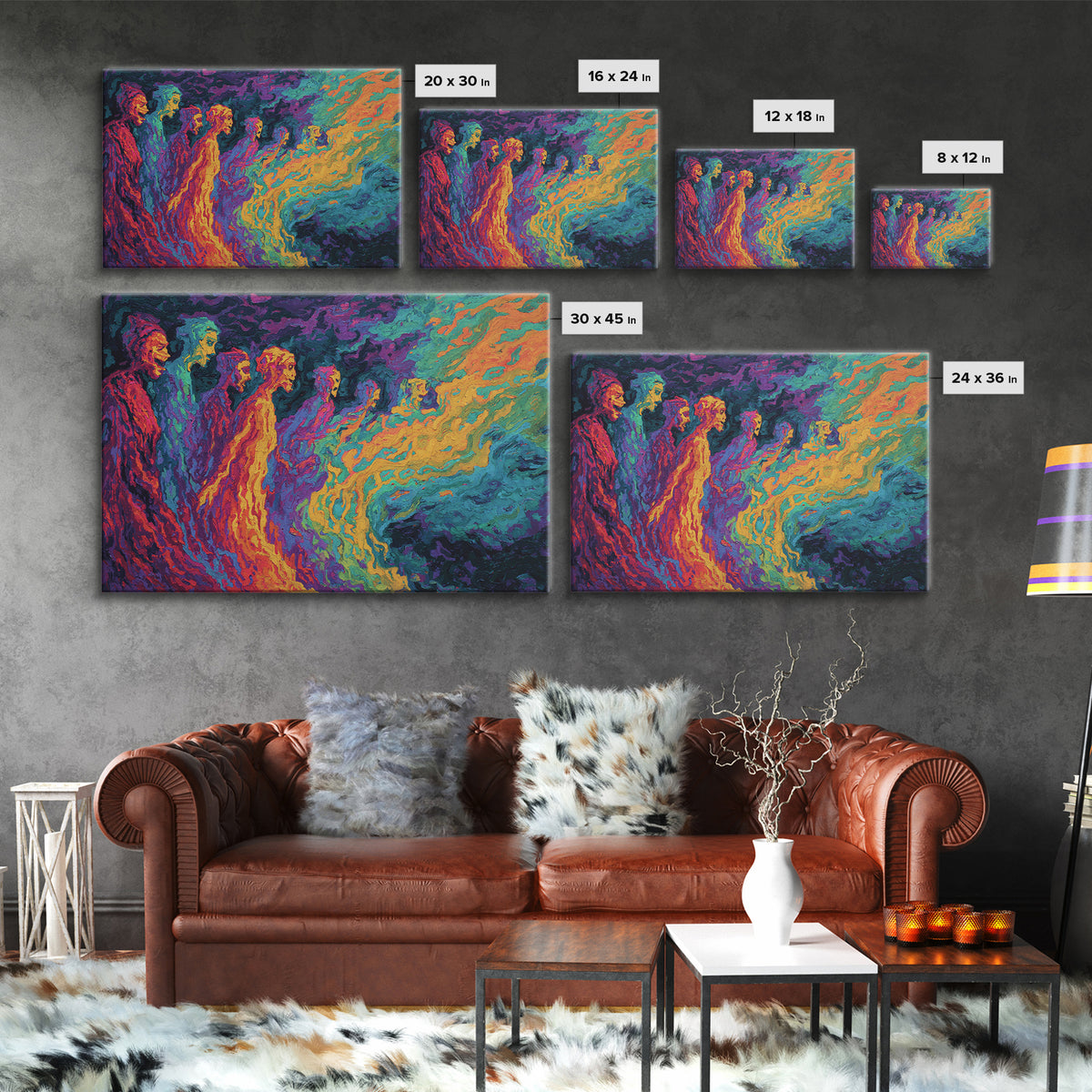 Vibrant Spectral Figures Facing A Swirling Cosmic Sea Canvas Print, Abstract African Art, Colorful Wall Decor Gift, Modern Art