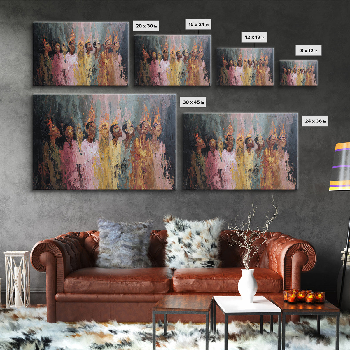 Textured Women In Fiery Robes With Tall Flame Crowns Framed Canvas Print, African Women Art, Elegant Wall Decor, Home Decor Gift