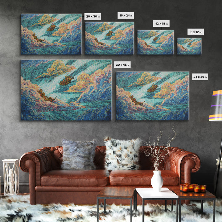Dreamy Boats Sailing Through Clouds And Turquoise Waves Canvas Print, African Inspired Fantasy Wall Art, Colorful Decor Gift
