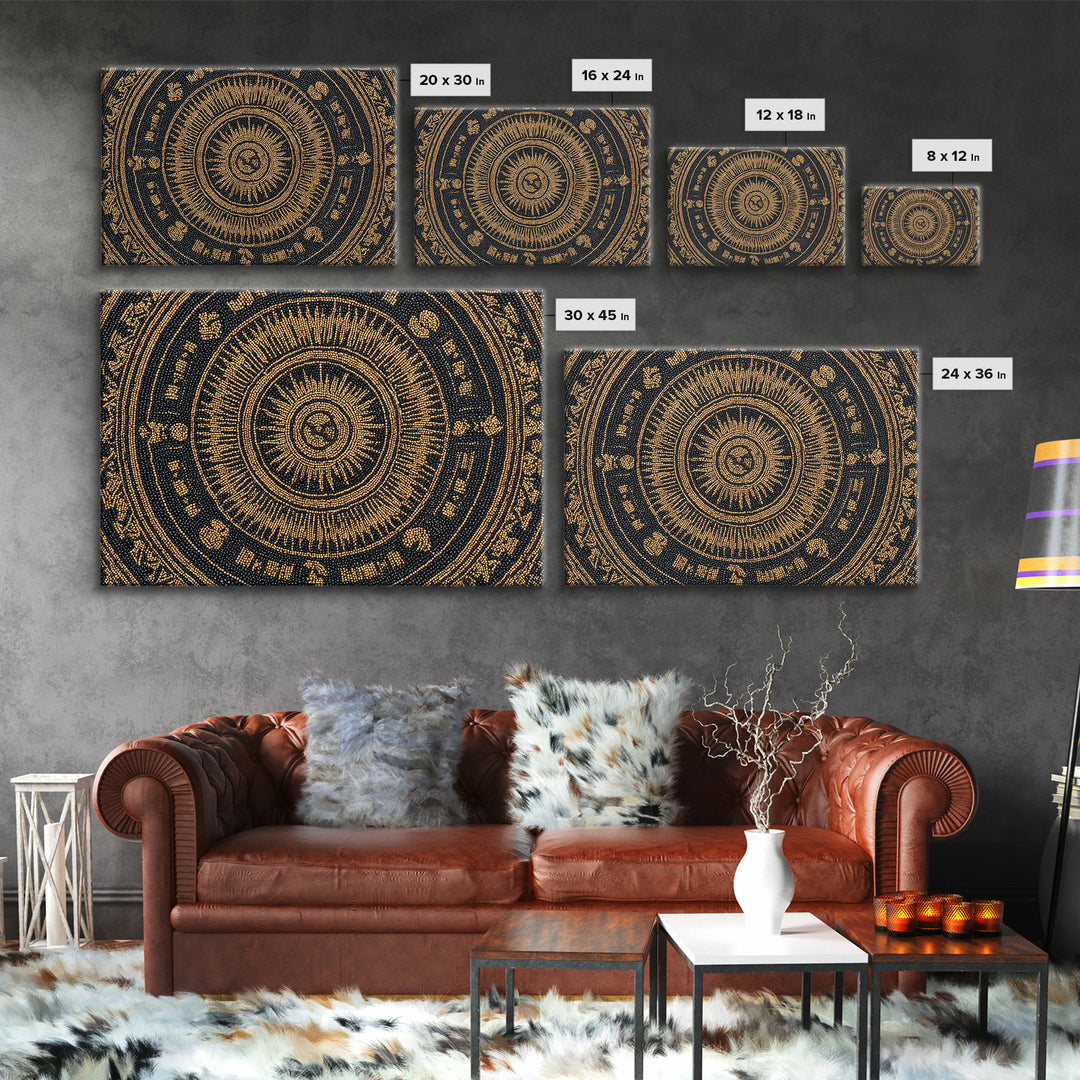Gold Black African Mandala Bead Pattern Framed Canvas Print, Spiritual Circle Wall Decor, Elegant Ethnic Home Decor Gift