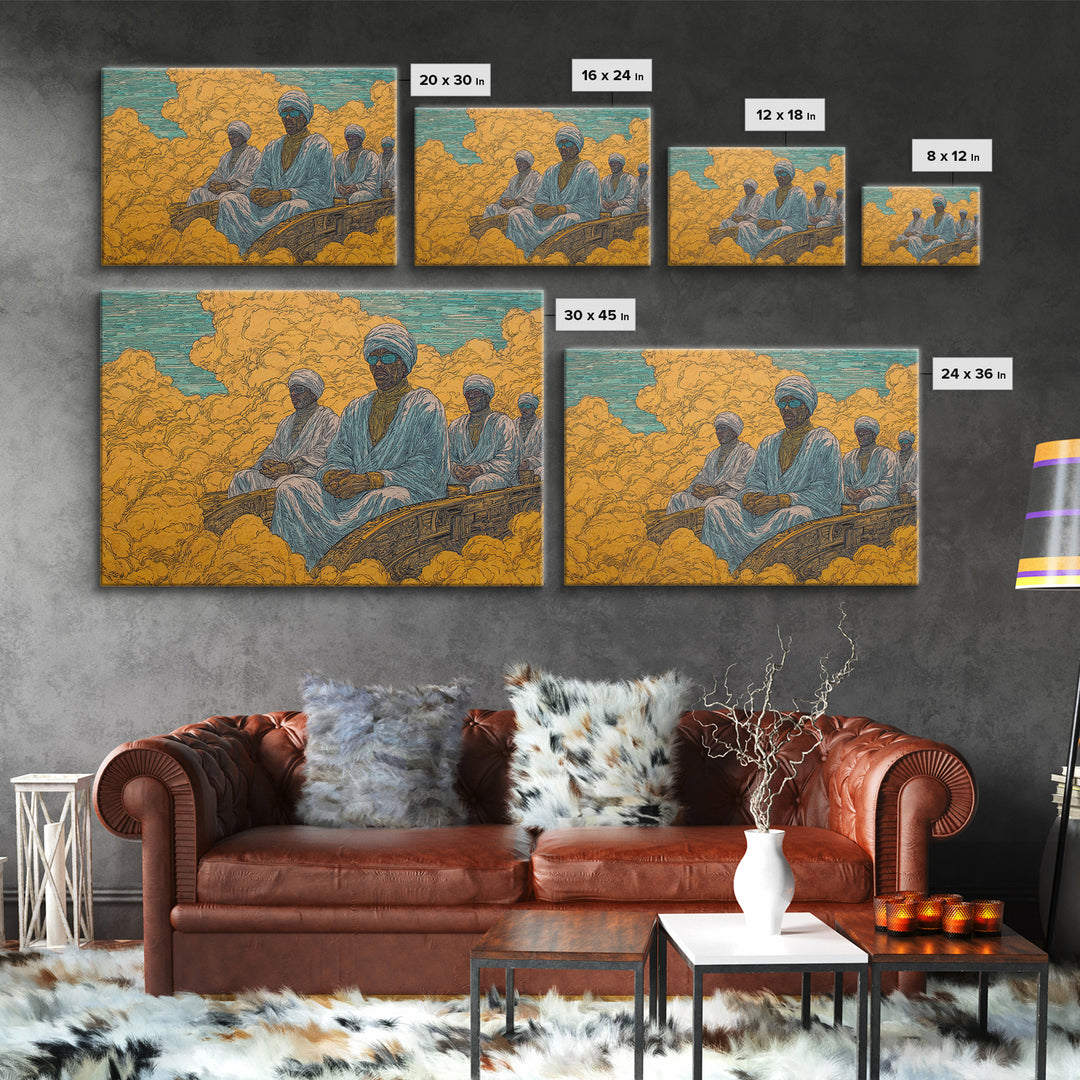 African Men In White Robes On Golden Cloud Canvas Print, Surreal Desert Journey, Cultural Wall Decor, Ethnic Home Decor Gift