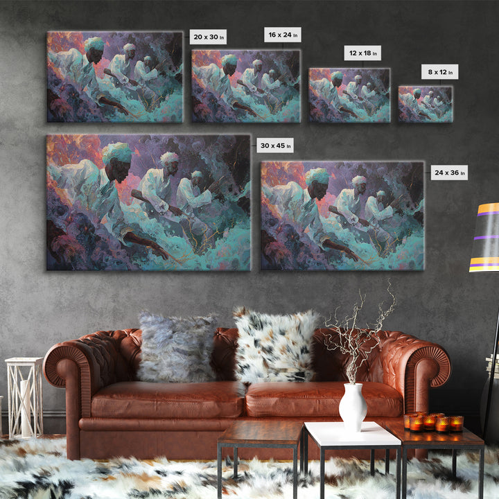 Mystical African Men In White Robes Canvas Print, Dreamy Cosmic Smoke Painting, Spiritual Afrocentric Wall Decor, Home Decor