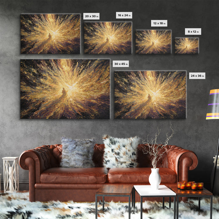 Radiant Golden Spiritual Figure Wall Art, Abstract Light Burst Painting, Mystical Afrocentric Decor, Statement Home Decor