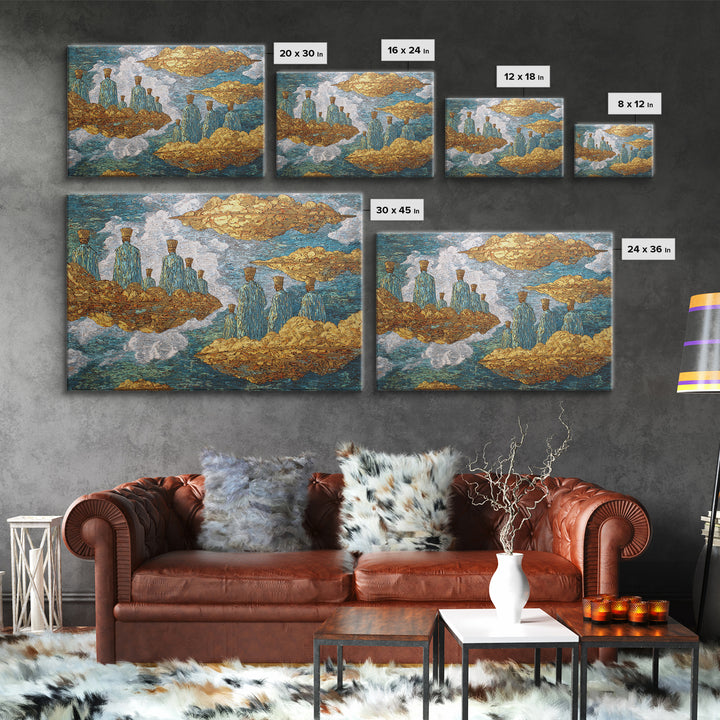 Surreal Floating Island Figures Wall Art, Blue And Gold African Inspired Decor, Dreamy Abstract Ethnic Art Print, Modern Canvas