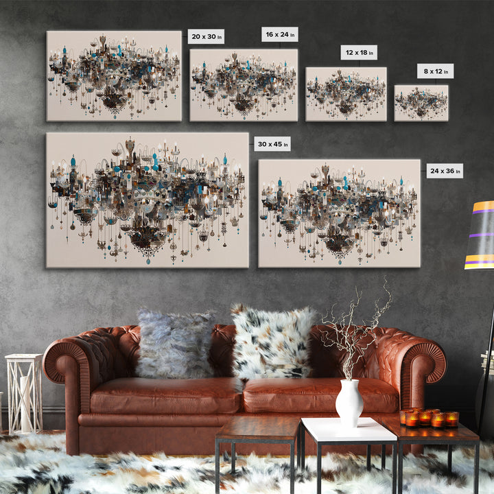 Ornate Blue Jewel Chandelier Framed Canvas Print, Luxury Lighting Wall Decor, Elegant Home Decor, Maximalist Statement Art