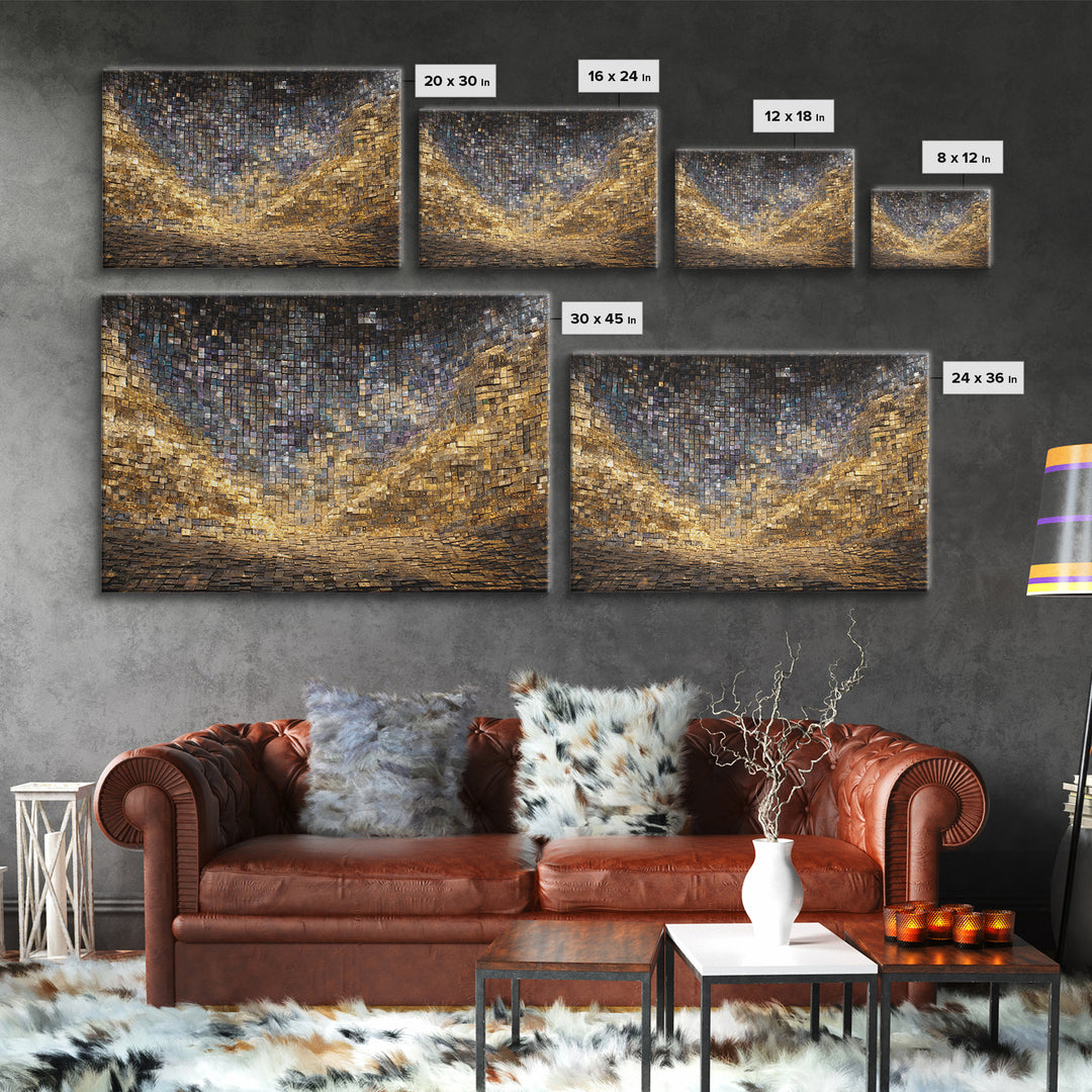 Golden Mosaic Tile Abstract Wall Art, Blue Gold Geometric Canvas Decor, Luxury Textured Art Print, Modern Statement Wall Decor