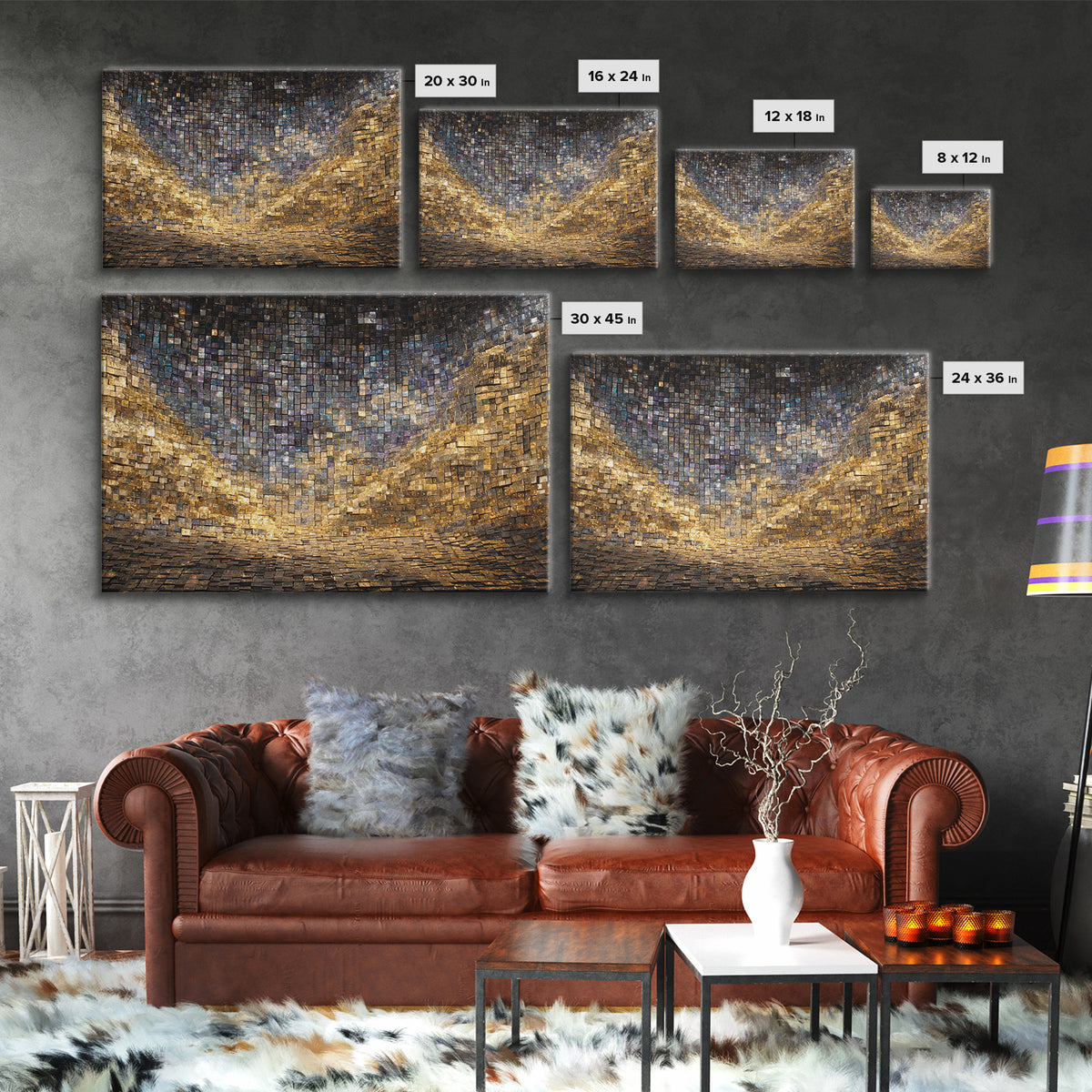Golden Mosaic Tile Abstract Wall Art, Blue Gold Geometric Canvas Decor, Luxury Textured Art Print, Modern Statement Wall Decor