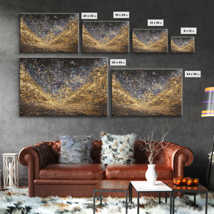 Golden Mosaic Tile Abstract Wall Art, Blue Gold Geometric Canvas Decor, Luxury Textured Art Print, Modern Statement Wall Decor
