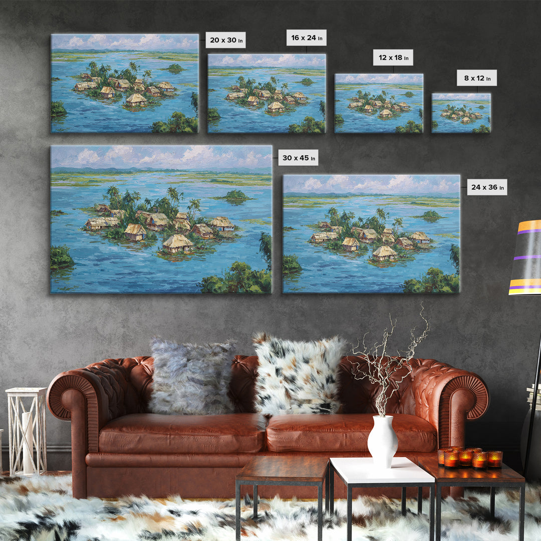 Tropical Island Village Canvas Print, Blue Water Palm Hut Landscape, Africa Inspired Coastal Wall Art, Nature Decor Gift