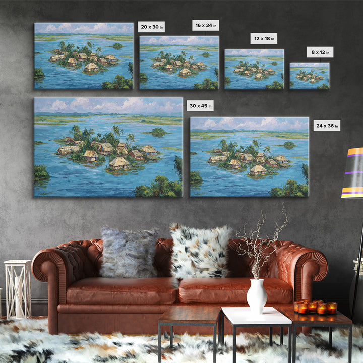 Tropical Island Village Canvas Print, Blue Water Palm Hut Landscape, Africa Inspired Coastal Wall Art, Nature Decor Gift