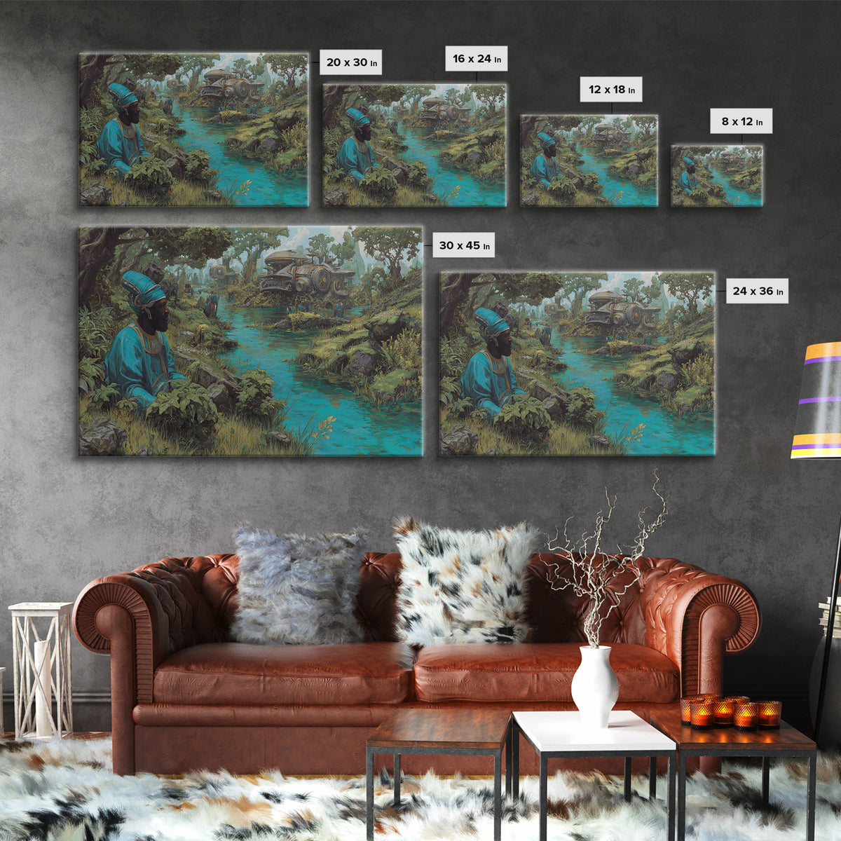 Blue Robed African Man By Jungle River Wall Art, Steampunk Train Landscape, Afrocentric Decor, Modern African Art Print Gift