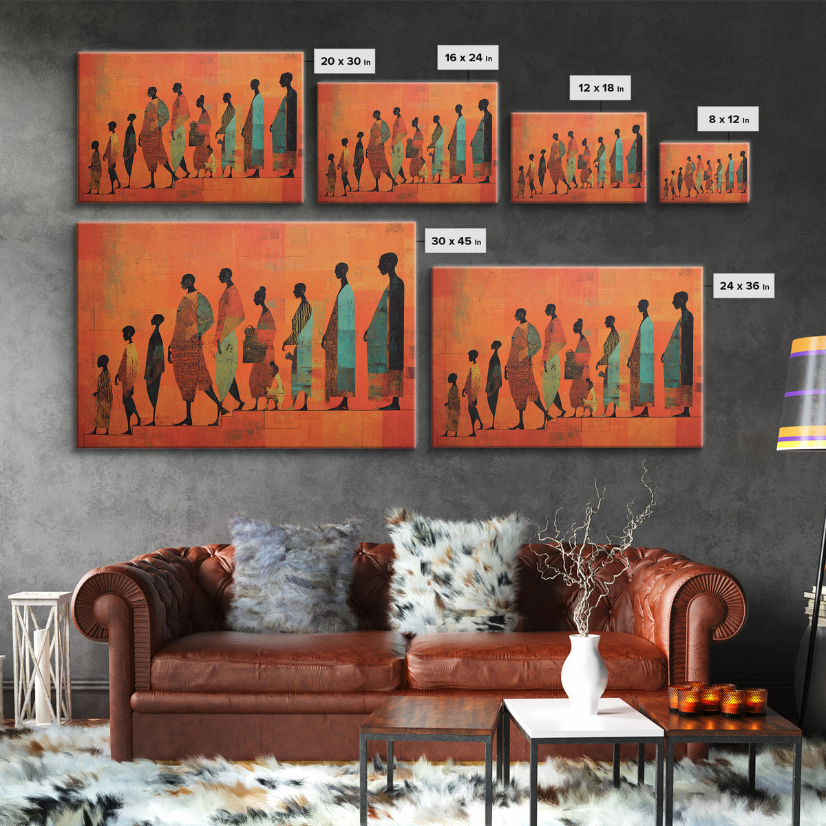 African Family Silhouette Wall Art, Orange Abstract Canvas Print, Ancestral Journey Decor, Black Culture Home Decor Gift