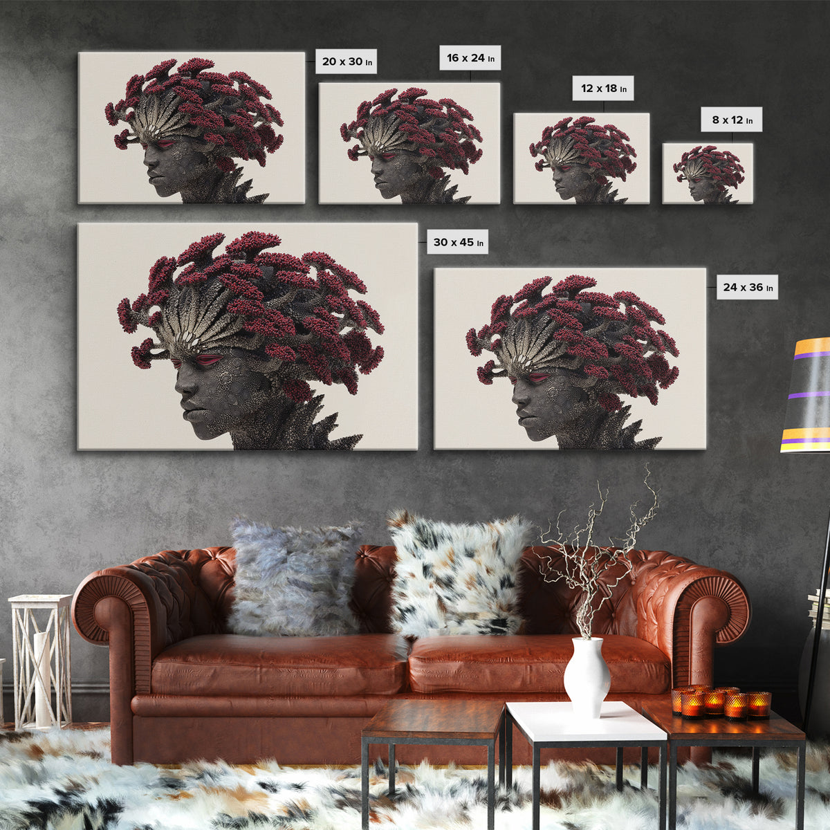 Afrofuturist Woman Portrait Wall Art, Red Coral Hair Canvas Print, Black Goddess Decor, Bold African Beauty Gift For Her