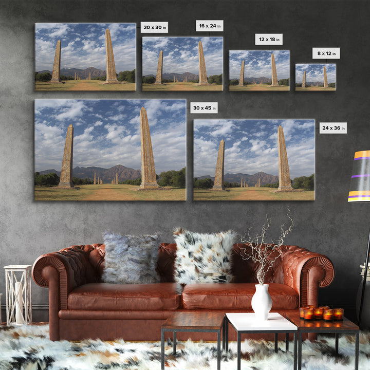 Ancient African Obelisks Wall Art, Monument Landscape Canvas Print, Ethiopia Inspired Travel Decor, Cultural Home Art Gift