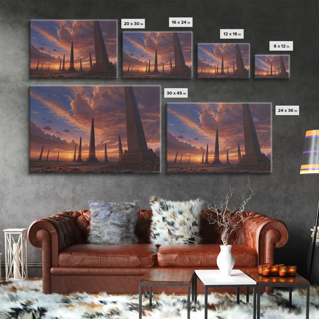 Sunset Desert Obelisks Wall Art, Ancient Monument Canvas Print, African Landscape Decor, Dramatic Travel Home Gallery Gift
