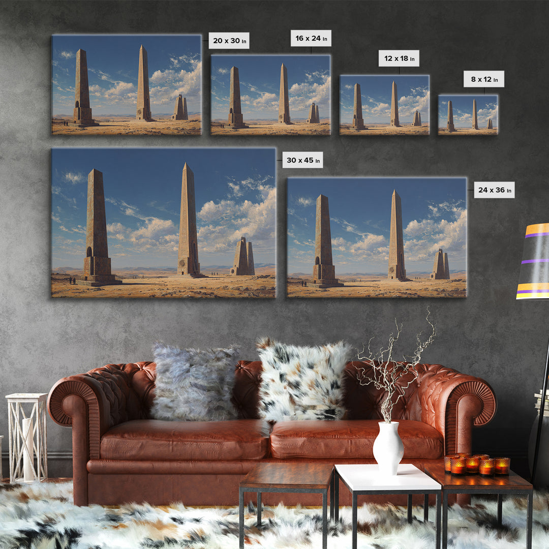 Desert Monument Obelisks Framed Canvas Print, African Landscape, Ancient African Art, Sahara Home Wall Decor, Travel Gift