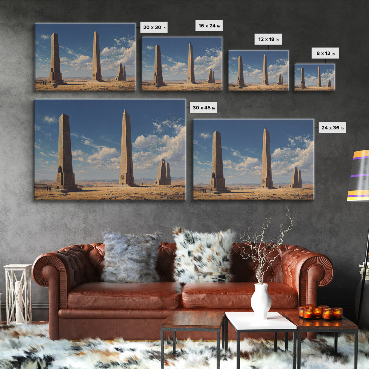 Desert Monument Obelisks Framed Canvas Print, African Landscape, Ancient African Art, Sahara Home Wall Decor, Travel Gift