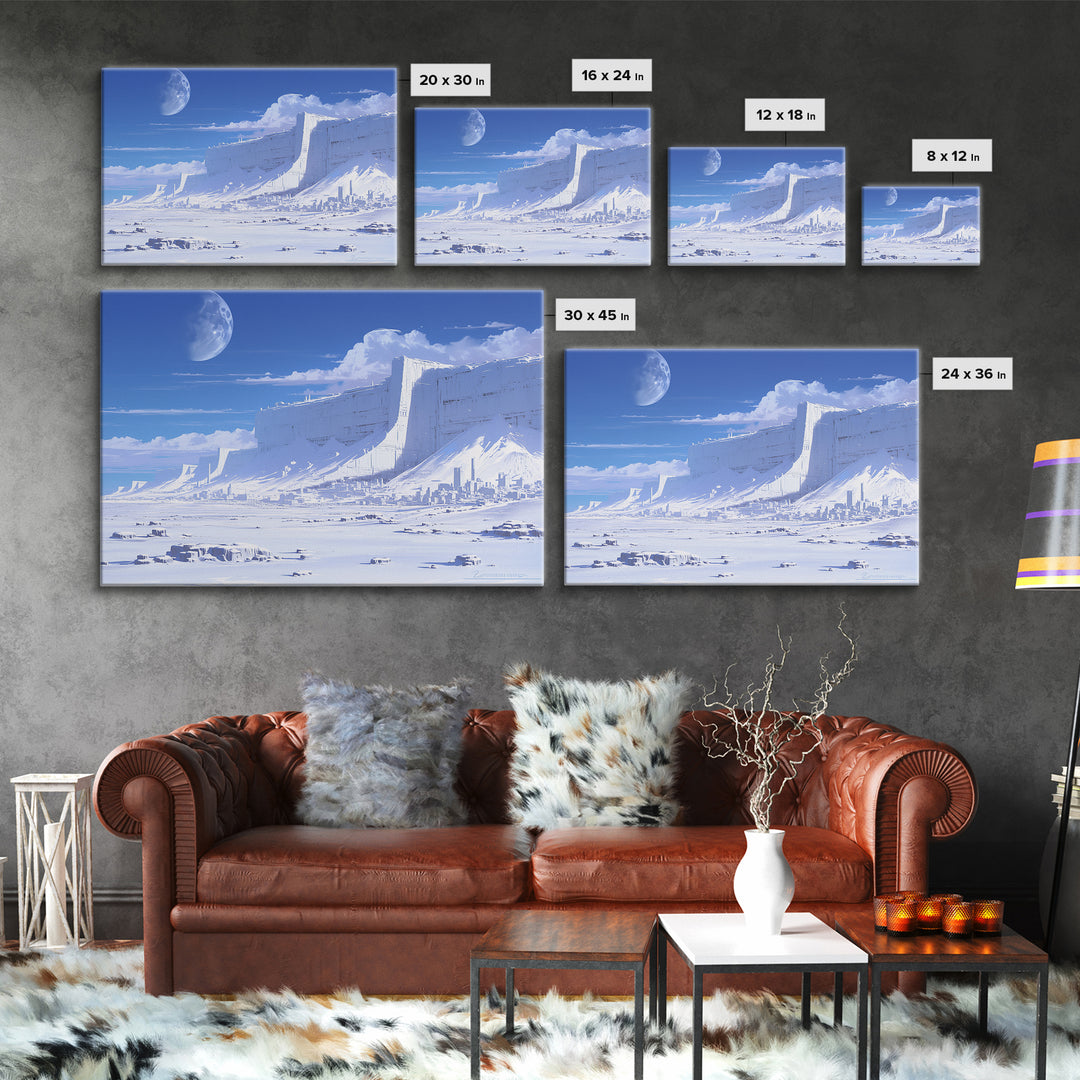 Blue Ice Citadel Moon Landscape Canvas Print, Dreamy Wall Art, Modern Canvas Art, Large Blue Office Decor, Housewarming Gift