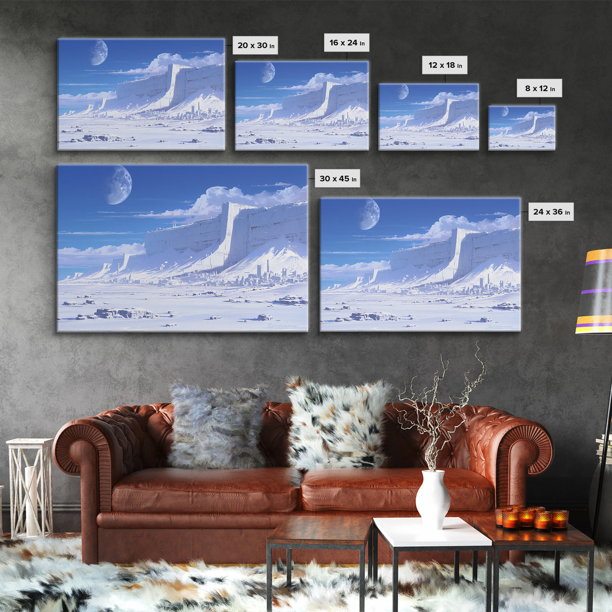 Blue Ice Citadel Moon Landscape Canvas Print, Dreamy Wall Art, Modern Canvas Art, Large Blue Office Decor, Housewarming Gift