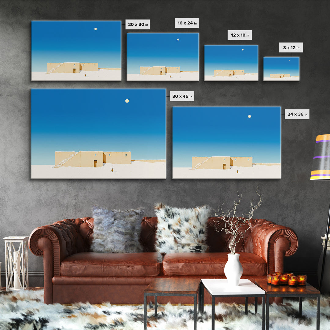Minimalist Adobe Desert House Canvas Print, Blue Sky Architecture, Beige Wall Art, Modern Southwestern Style Home Decor Gift