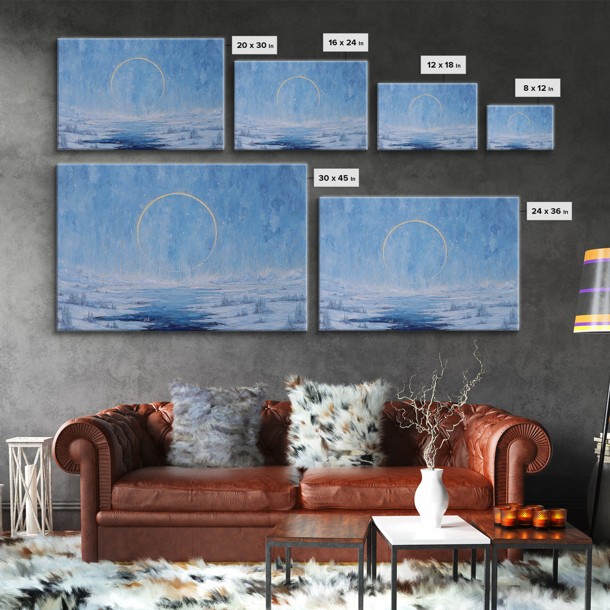 Blue Frozen Lake With Golden Ring Wall Art, Dreamy Landscape, Modern Canvas Art, Textured Blue Home Decor, Spiritual Gift