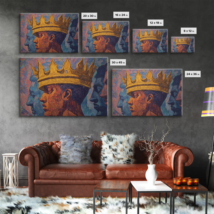 Crowned African King Portrait With Blue Spirit Faces Wall Art, Afrocentric Black History Gift, African American Art Decor