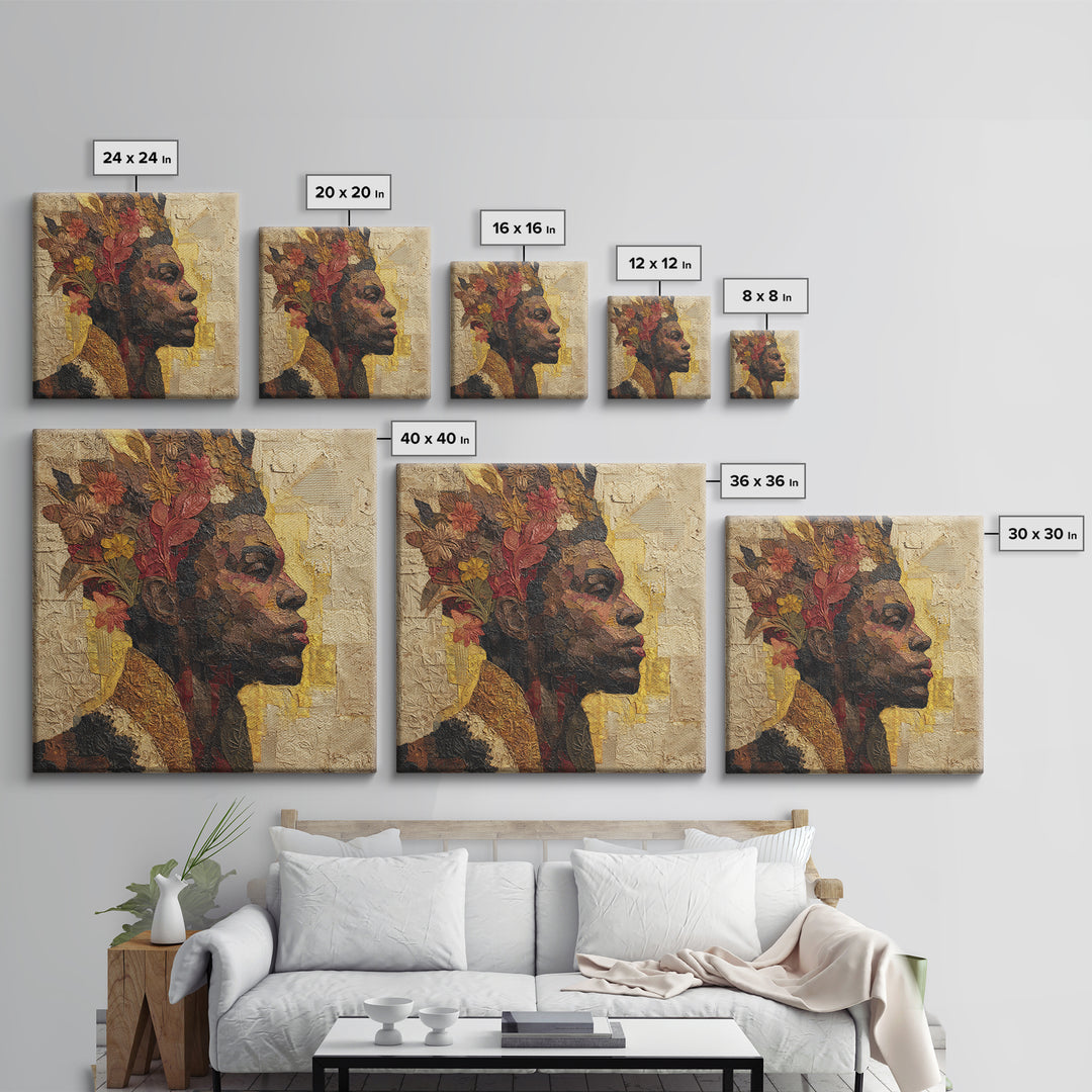 Expressive Portrait with Ornate Floral Background and Canvas Print, African Inspired Art, Fine Art Print, Living Room Decor, AIA-1x1-29