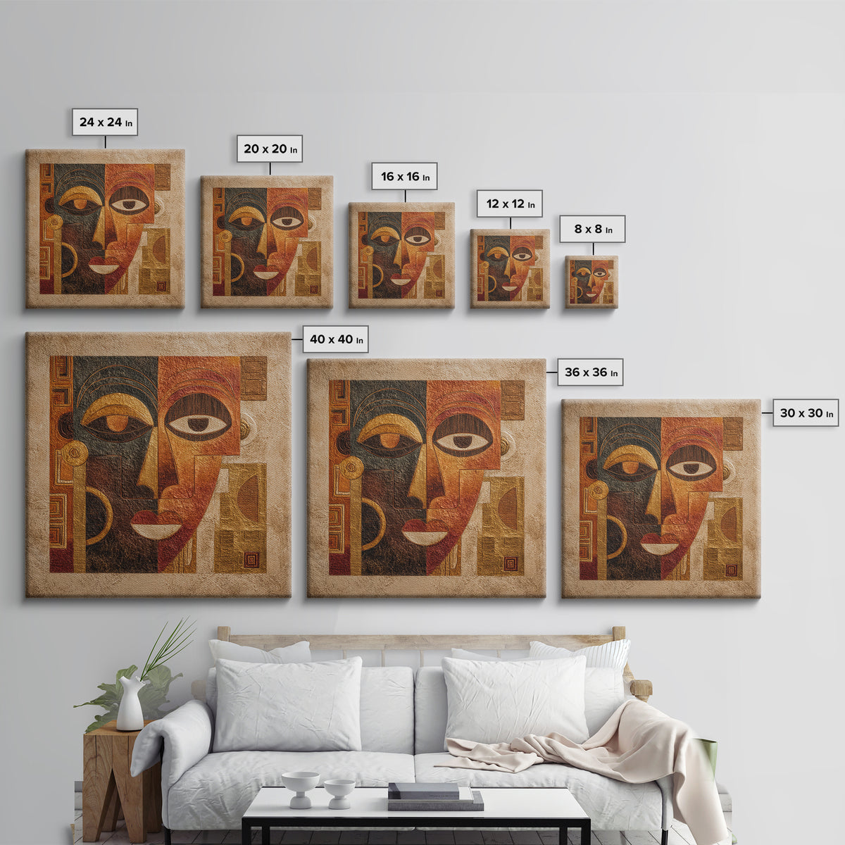 Minimalist African Line Art Faces on Parchment Canvas Print, African Inspired Art, African Wall Art, Living Room Decor, AIA-1x1-34