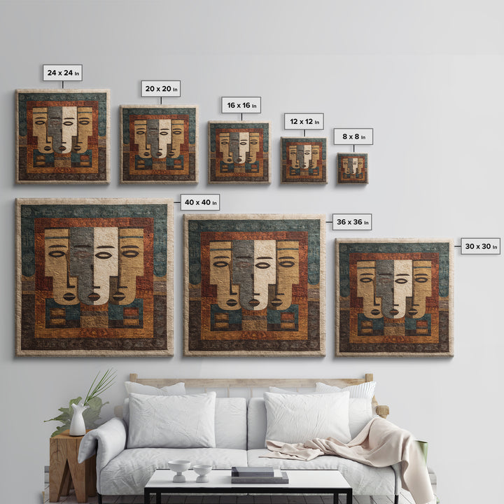 Minimalist African Line Art Faces on Parchment Canvas Print, African Inspired Art, African Wall Art, Living Room Decor, AIA-1x1-58