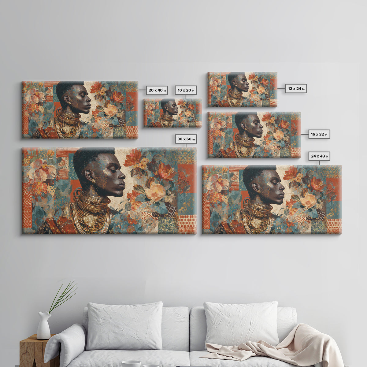 Expressive Portrait with Ornate Floral Background and Canvas Print, African Inspired Art, Abstract Art, Living Room Decor, AIA-2x1-49