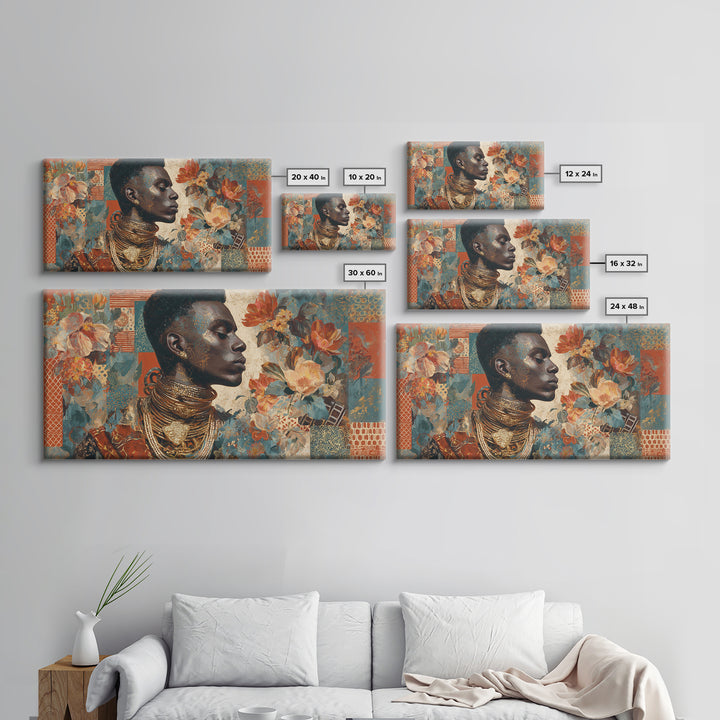 Expressive Portrait with Ornate Floral Background and Canvas Print, African Inspired Art, Abstract Art, Living Room Decor, AIA-2x1-49