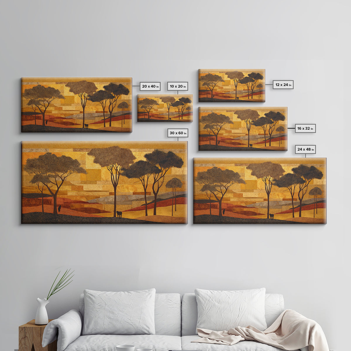 Safari Landscape with Acacia Trees and Golden Canvas Print, African Inspired Art, Bedroom Wall Decor, Living Room Decor, AIA-2x1-76