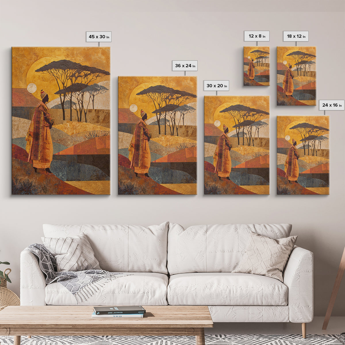 Safari Landscape with Acacia Trees and Golden Canvas Print, African Inspired Art, Botanical Wall Art, Living Room Decor, AIA-2x3-16