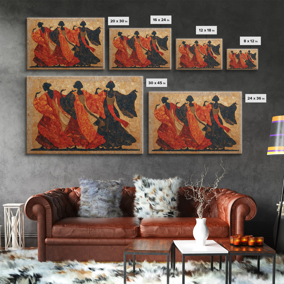 Ceremonial Dancers in Motion with Crimson and Canvas Print, African Inspired Art, Living Room Wall Art, Living Room Decor, AIA-3x2-70