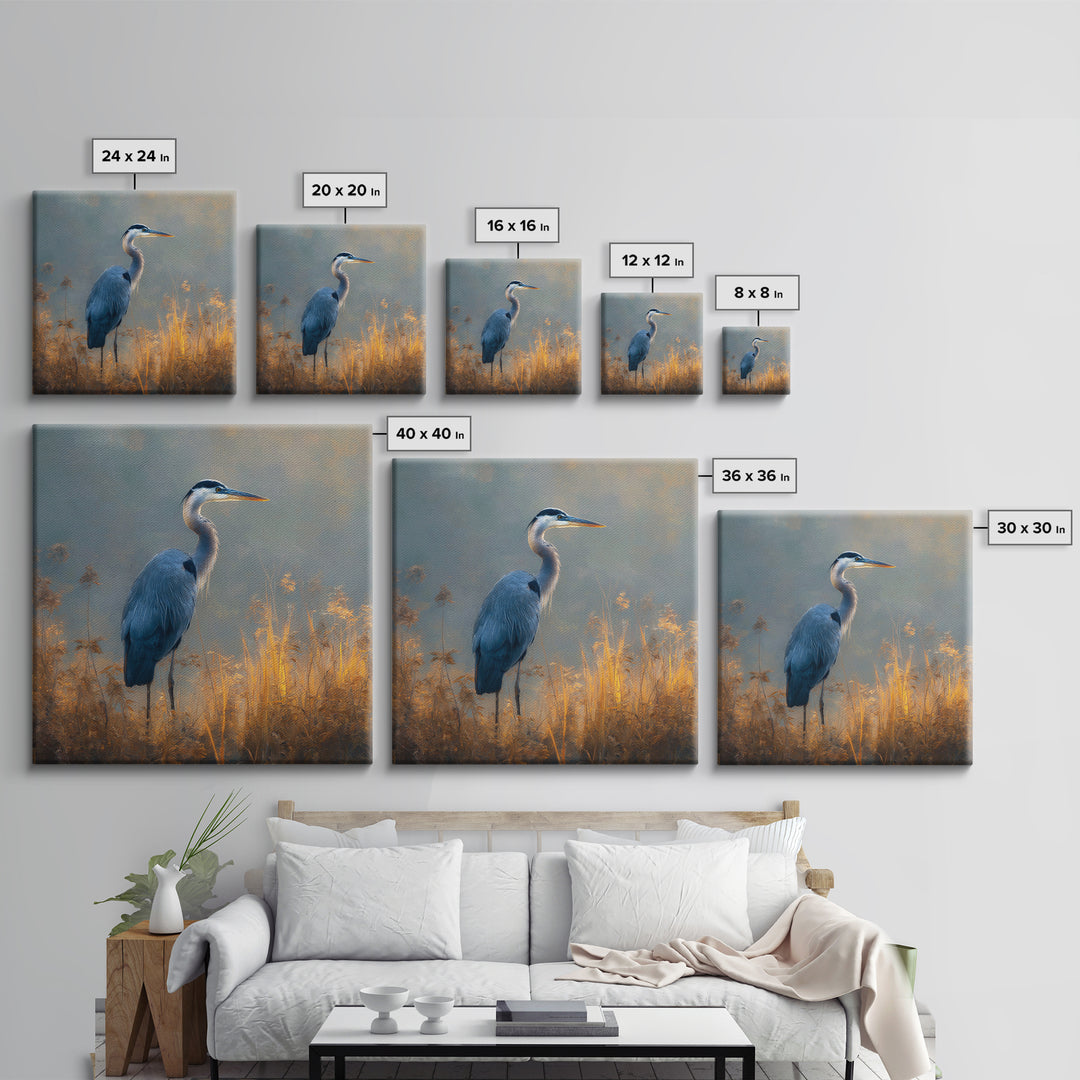 Blue Heron Standing Framed Canvas Print, Animal Art, Digital Wall Art, Living Room Decor, Fine Art, Creature, Modern Wall Art, ANI-1x1-11
