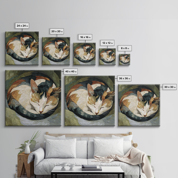 Sleeping Cat Curled Framed Canvas Print, Animal Art, Wall Decor, Living Room Decor, Fine Art, Creature, Nursery Wall Art, ANI-1x1-12
