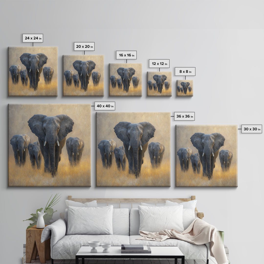 Elephant Family Walking Through Dusty Golden Light Canvas Print, Animal Art, Living Room Decor, Creature, Fine Art Print, ANI-1x1-14