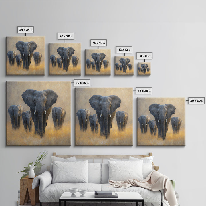 Elephant Family Walking Through Dusty Golden Light Canvas Print, Animal Art, Living Room Decor, Creature, Fine Art Print, ANI-1x1-14